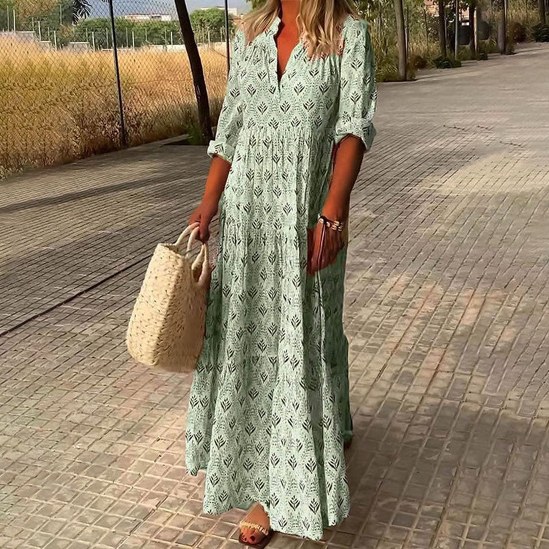Harper Roll-Up Sleeve Printed Maxi Dress in Light Green