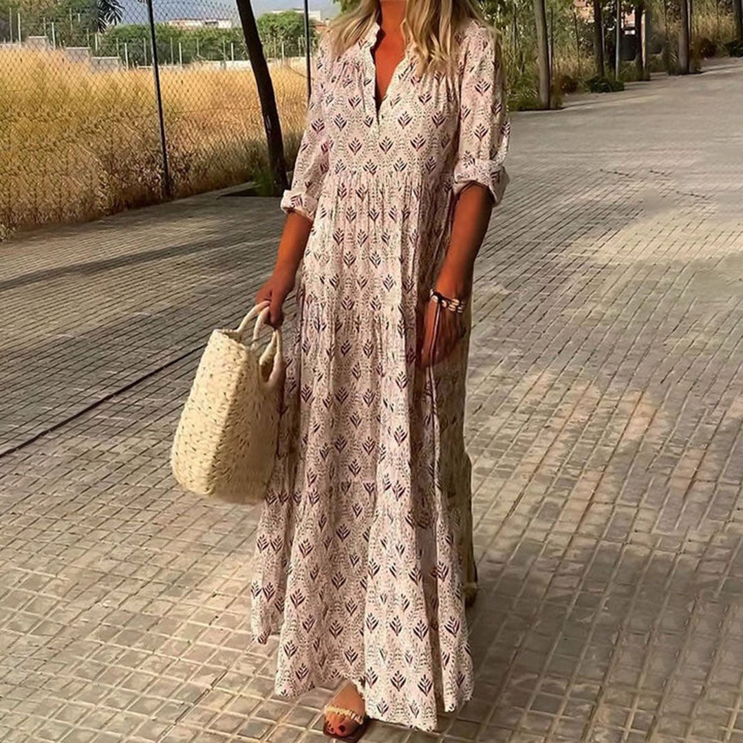 Harper Roll-Up Sleeve Printed Maxi Dress in Pink