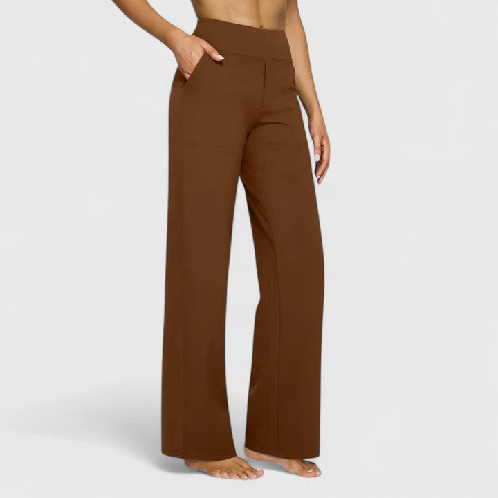Hilary Pull-On Wide-Waistband Pants in Brown