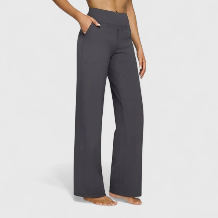 Hilary Pull-On Wide-Waistband Pants in Gray