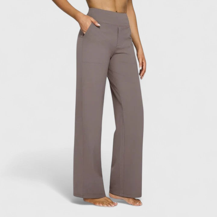 Hilary Pull-On Wide-Waistband Pants in Taupe