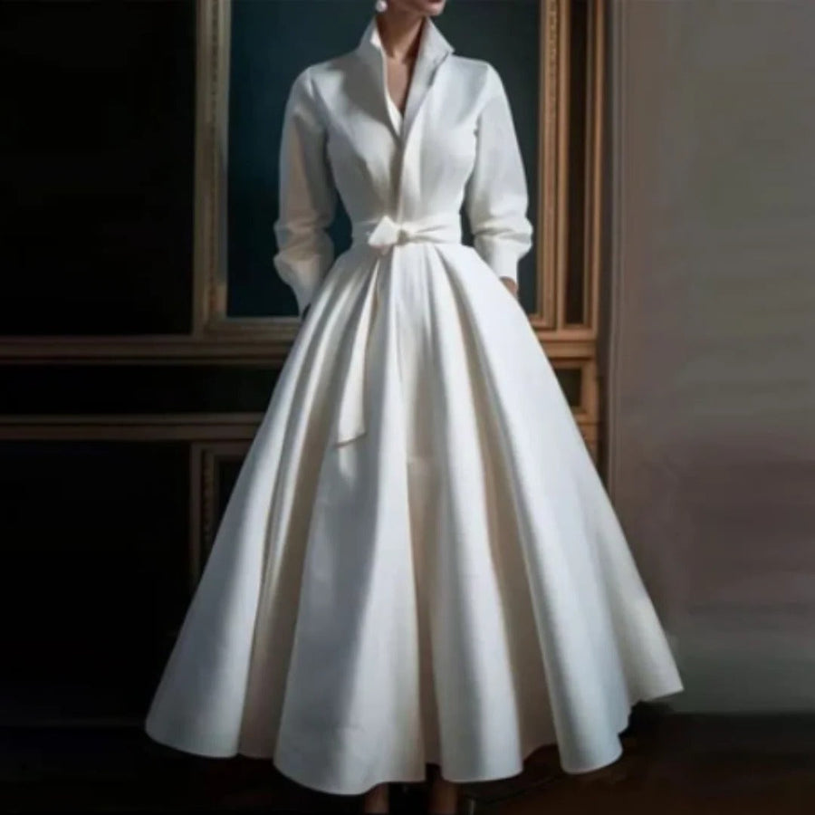 Isabella Long Sleeve V-Neck A-Line Midi Dress in White