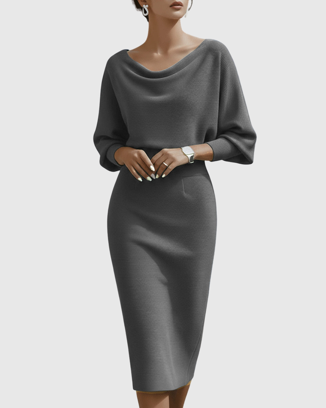Ismeria Cowl-Neck Batwing Midi Dress in Grey