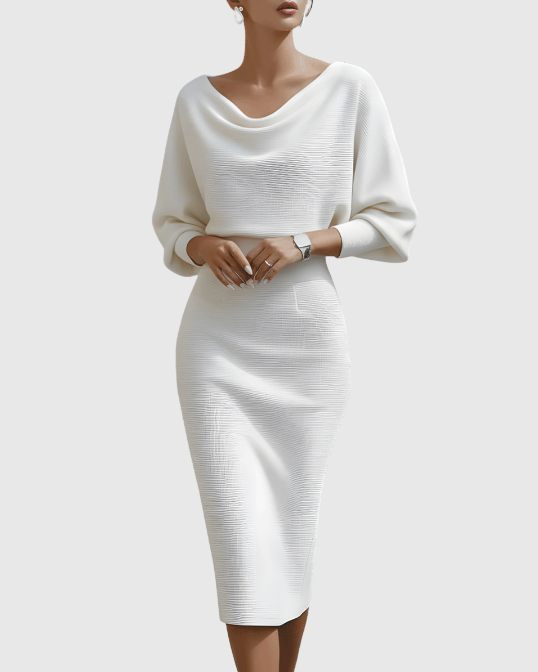 Ismeria Cowl-Neck Batwing Midi Dress in White