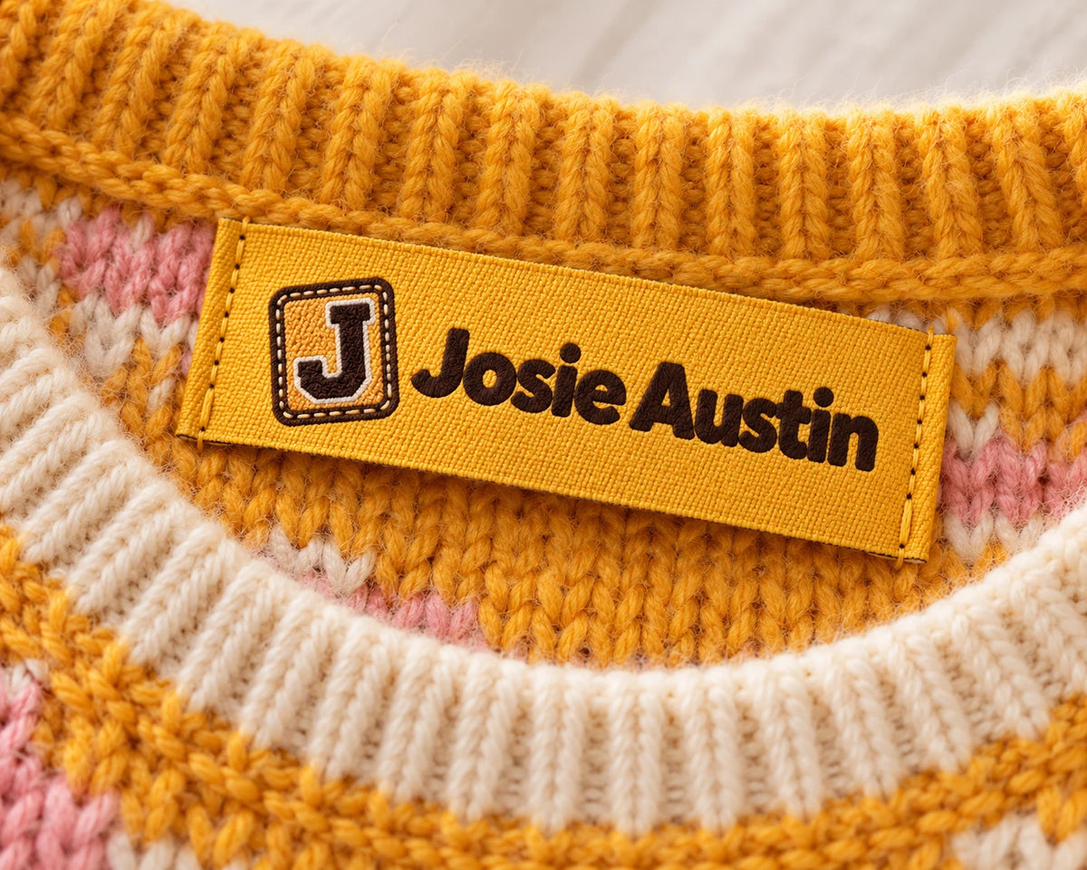 Josie Austin woven label in a marigold knit sweater
