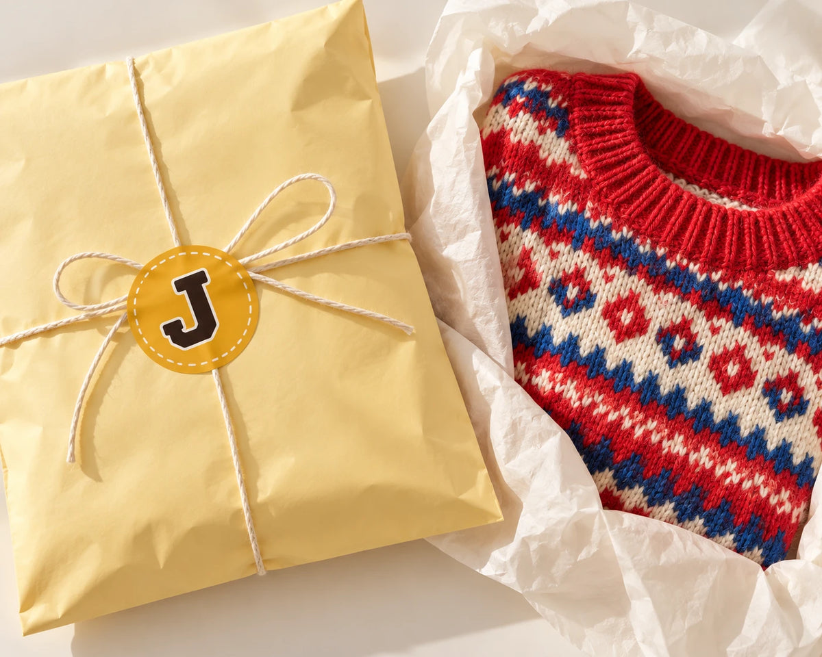 Josie Austin mailer with a J sticker and a Fair Isle sweater