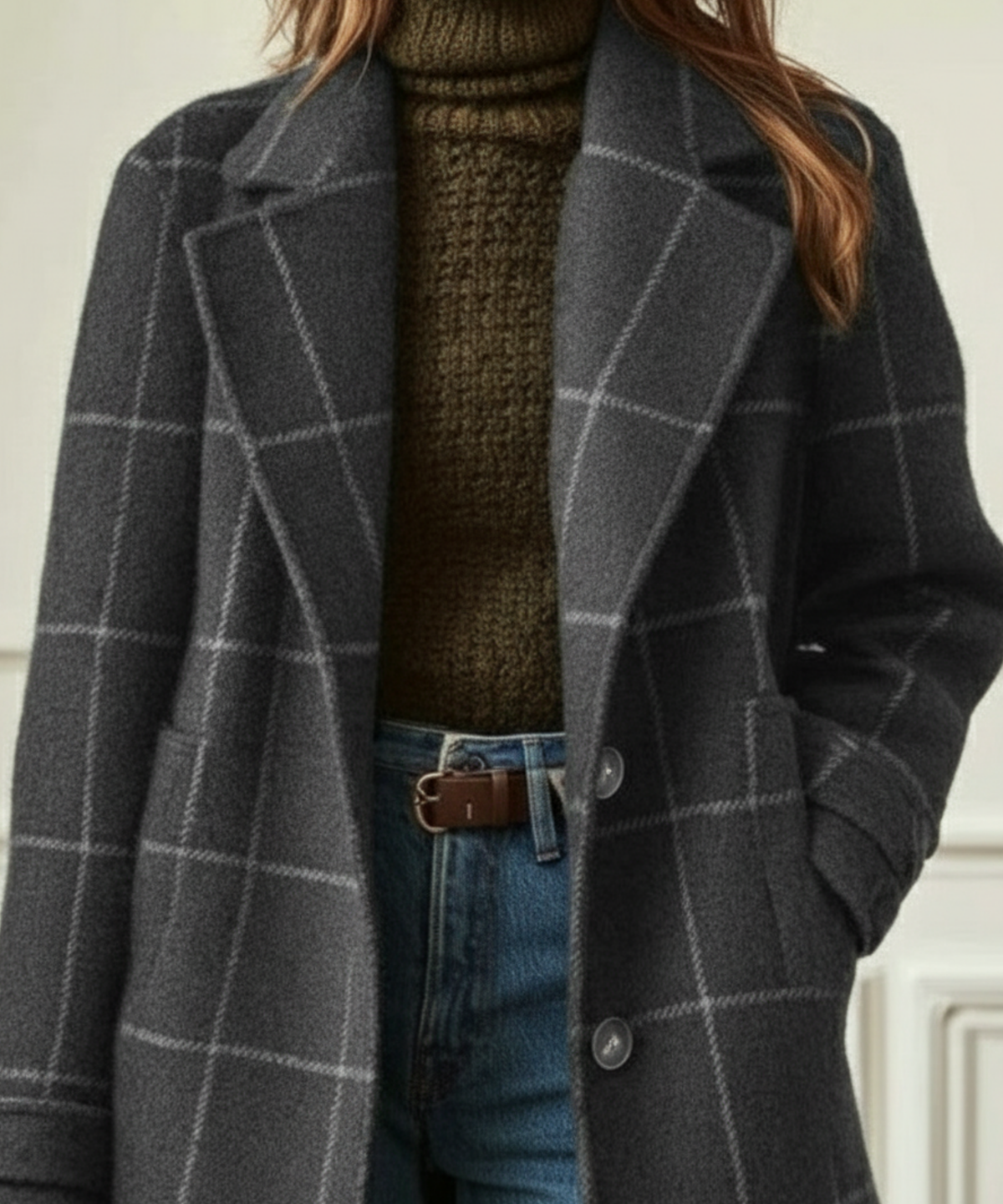 Jennifer Lapel-Collar Check Coat
