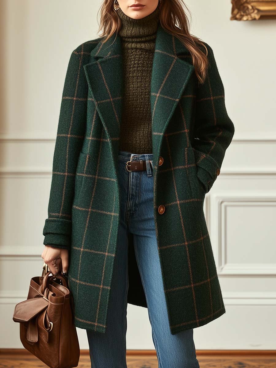 Jennifer Lapel-Collar Check Coat in Dark Green