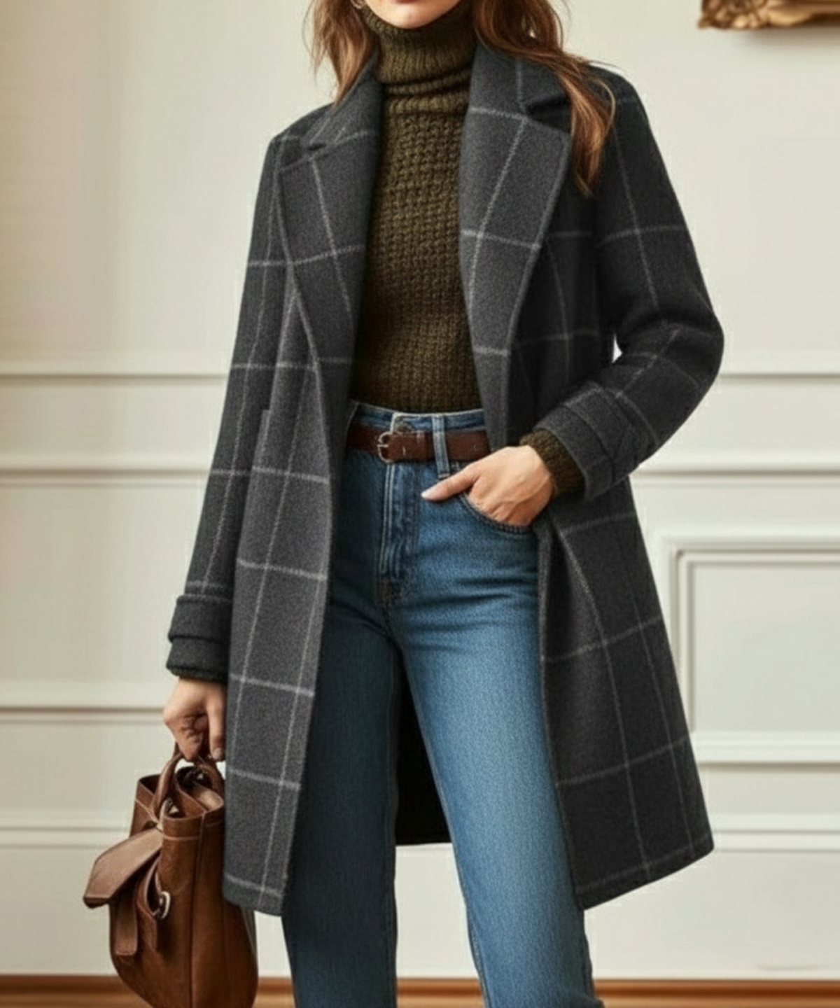 Jennifer Lapel-Collar Check Coat in Grey