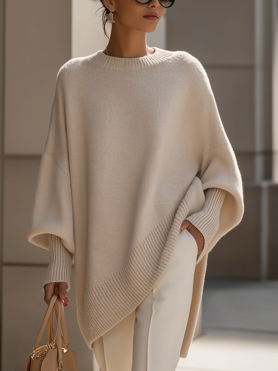 Jennifer Oversized Asymmetrical-Hem Sweater in Beige