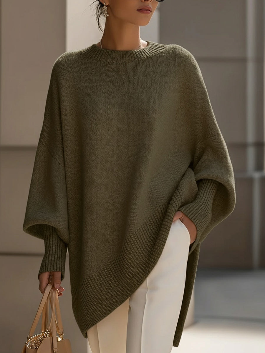 Jennifer Oversized Asymmetrical-Hem Sweater in Olive Green