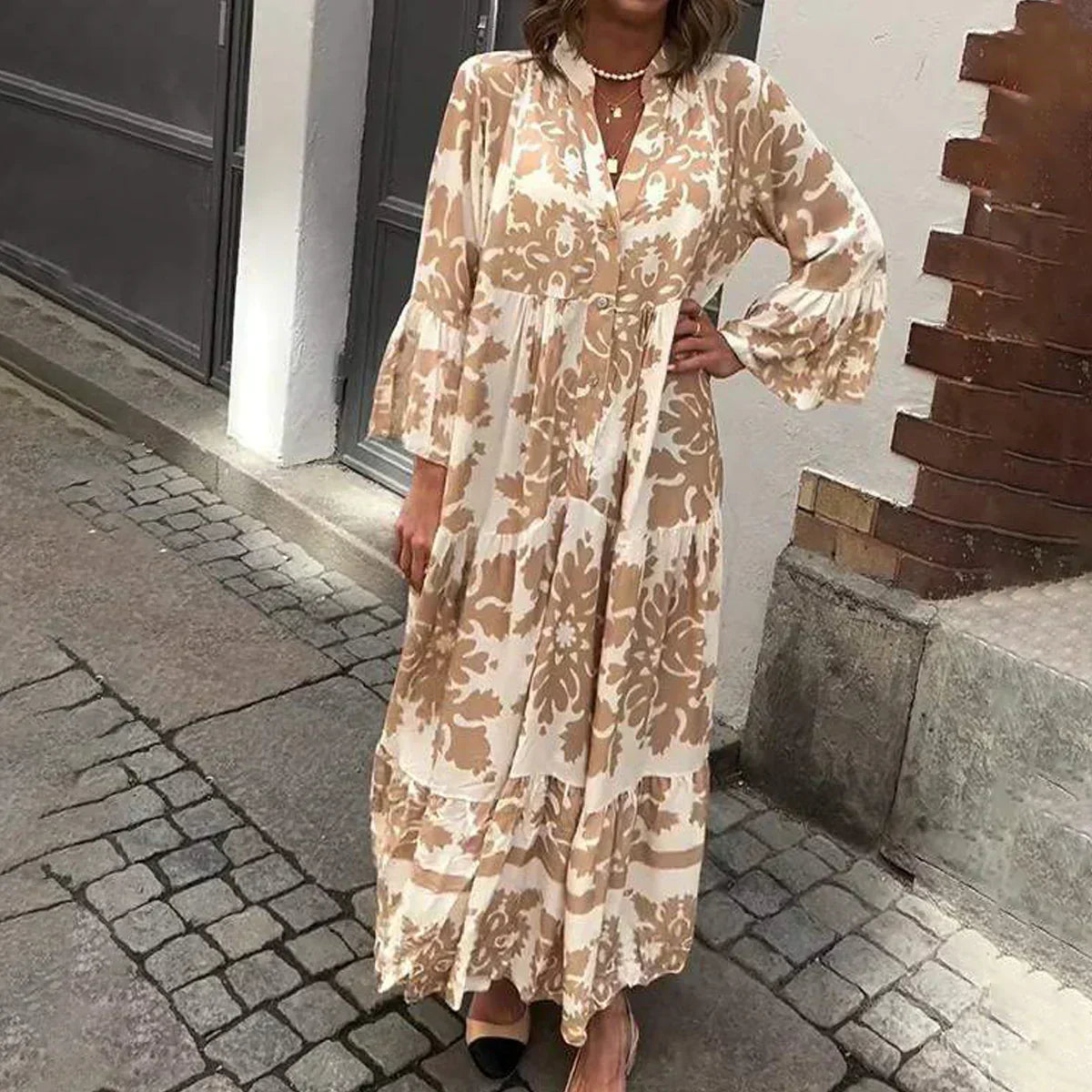 Kate Boho Printed Long Sleeve Midi Dress in Brown