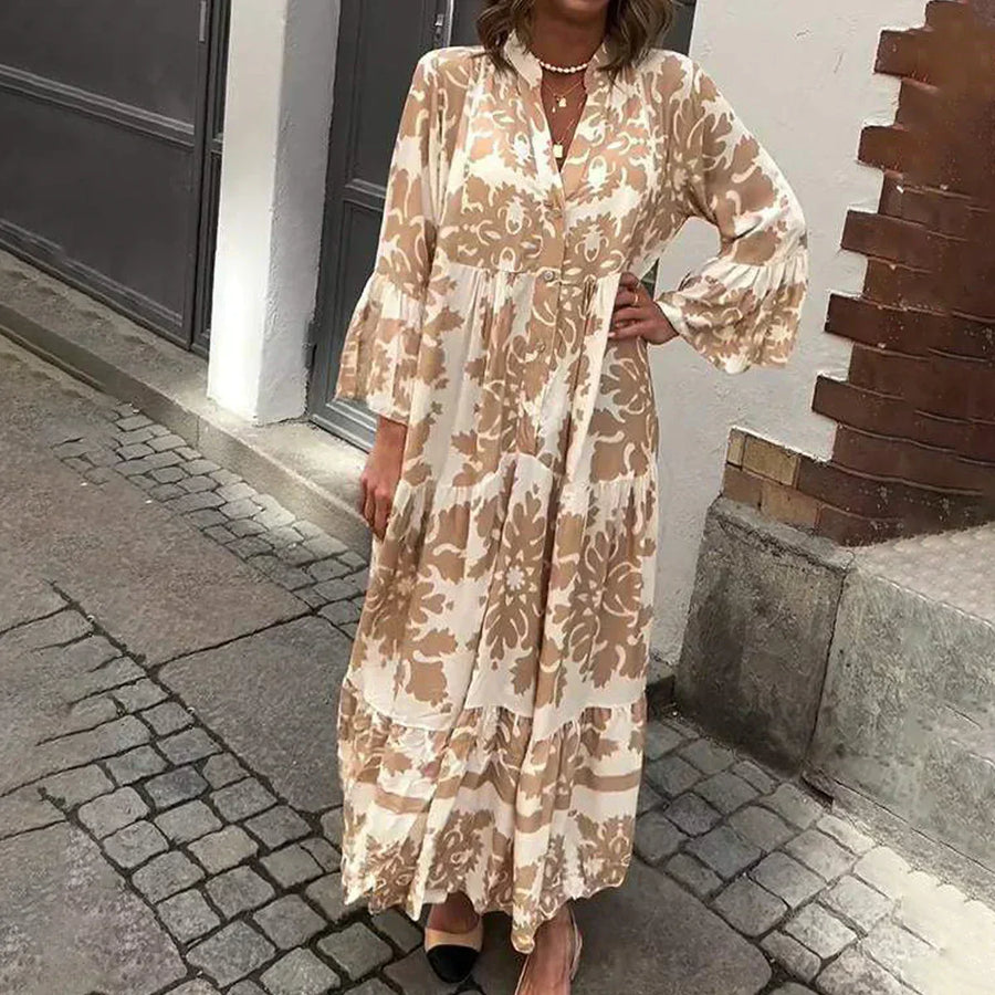 Kate Boho Printed Long Sleeve Midi Dress in Brown
