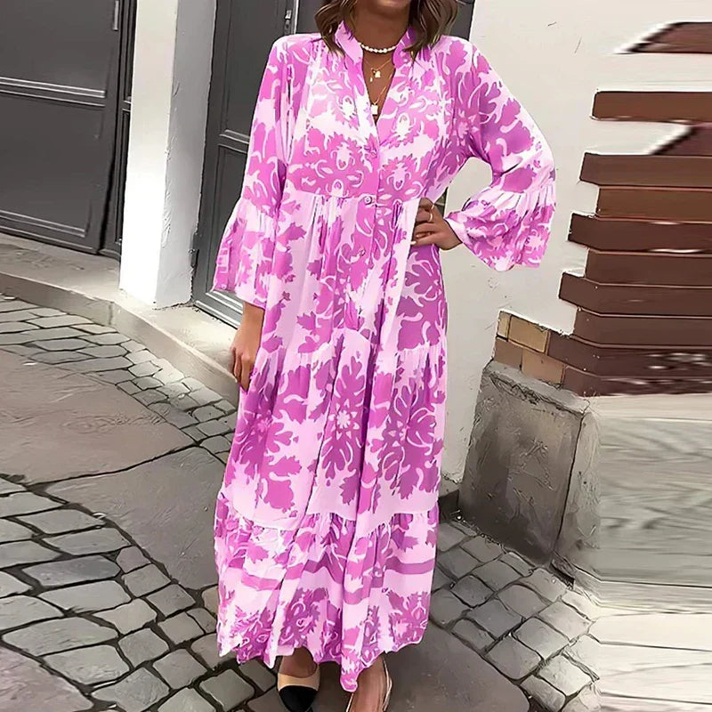 Kate Boho Printed Long Sleeve Midi Dress in Purple