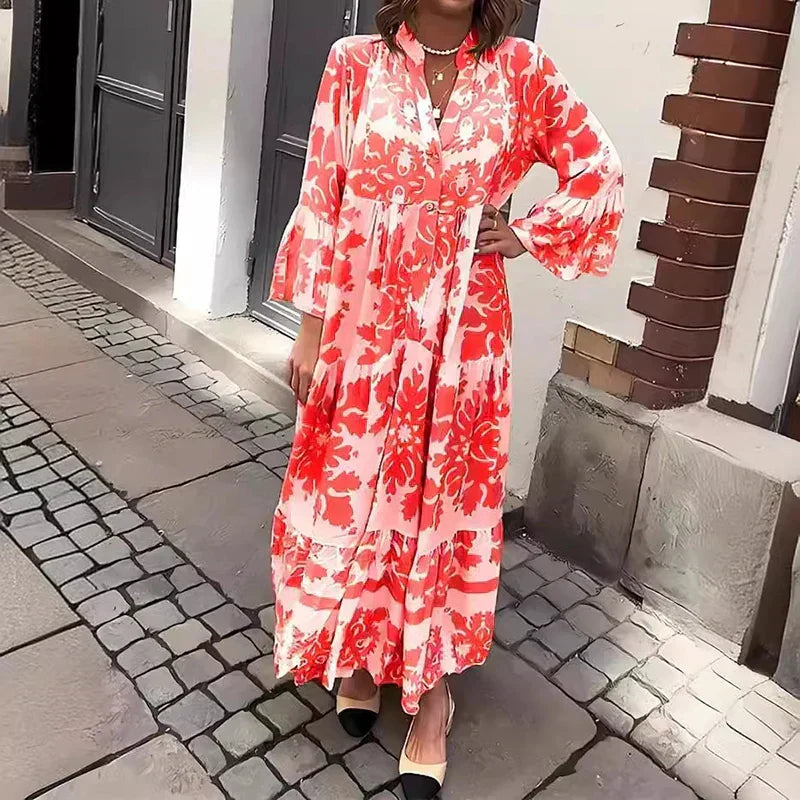 Kate Boho Printed Long Sleeve Midi Dress in Red