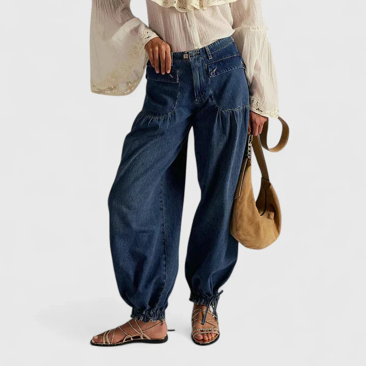 Lani Wide-Leg Pleated-Pocket Pants in Dark Blue