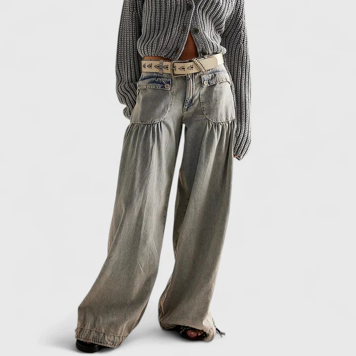 Lani Wide-Leg Pleated-Pocket Pants in Gray
