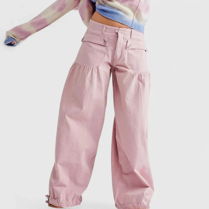 Lani Wide-Leg Pleated-Pocket Pants in Pink
