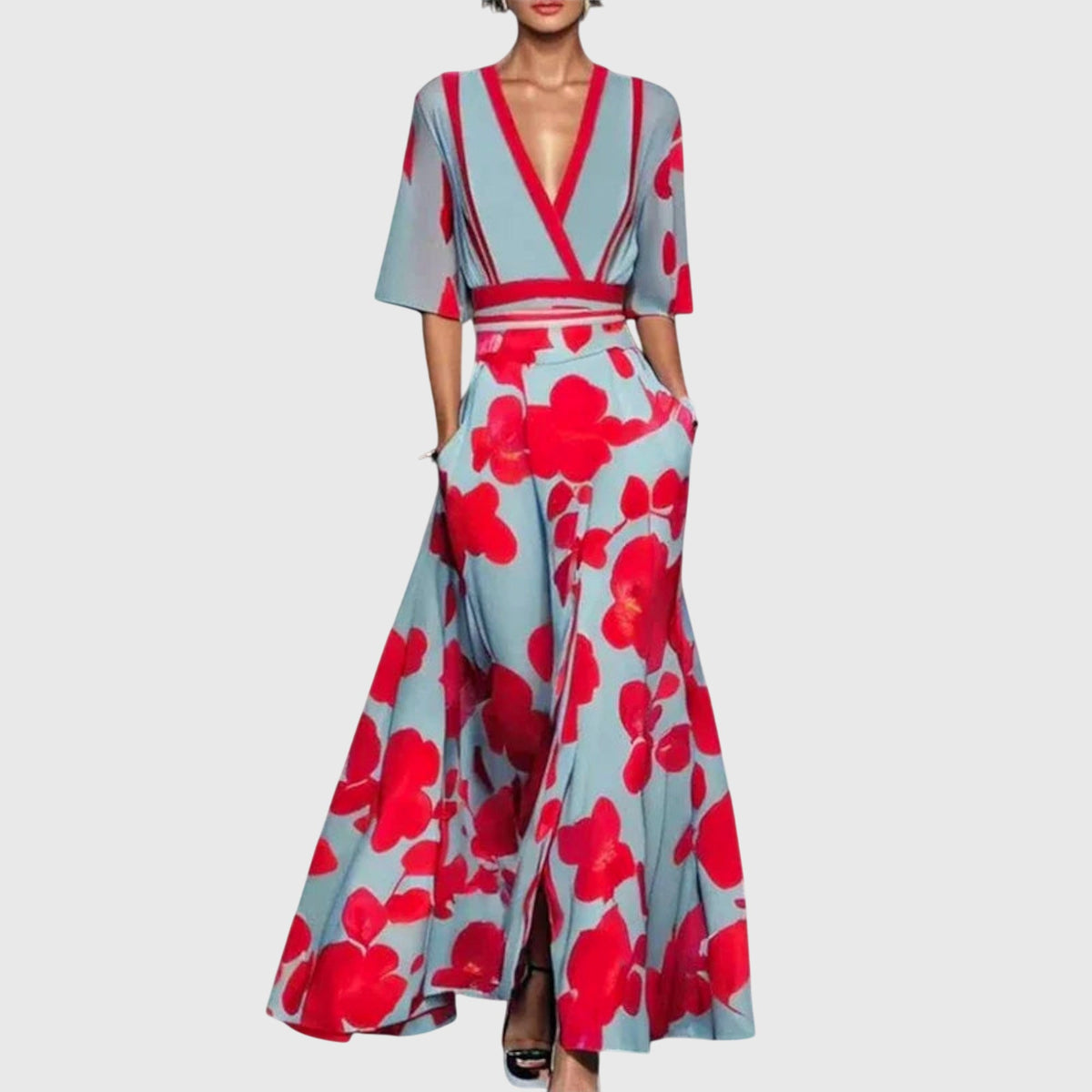 Leila Tailored Long-Sleeve Dress in Blue Red