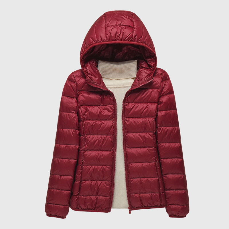 Lily Lightweight Quilted Jacket in Burgundy Hood