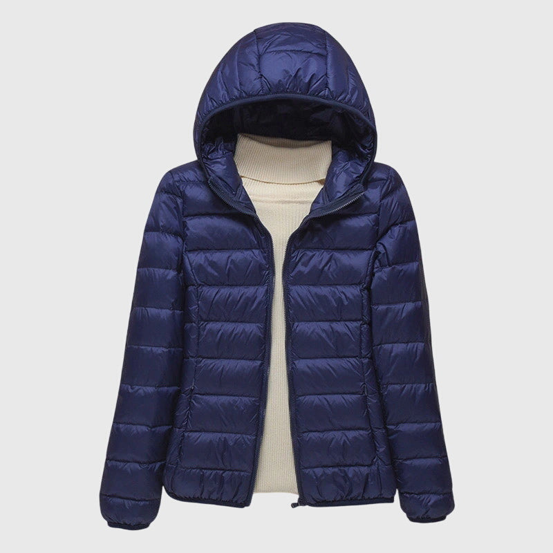 Lily Lightweight Quilted Jacket in Dark Blue Hood