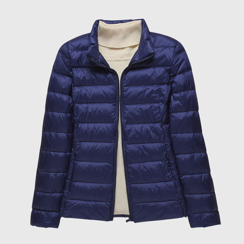 Lily Lightweight Quilted Jacket in Dark blue stand-up collar