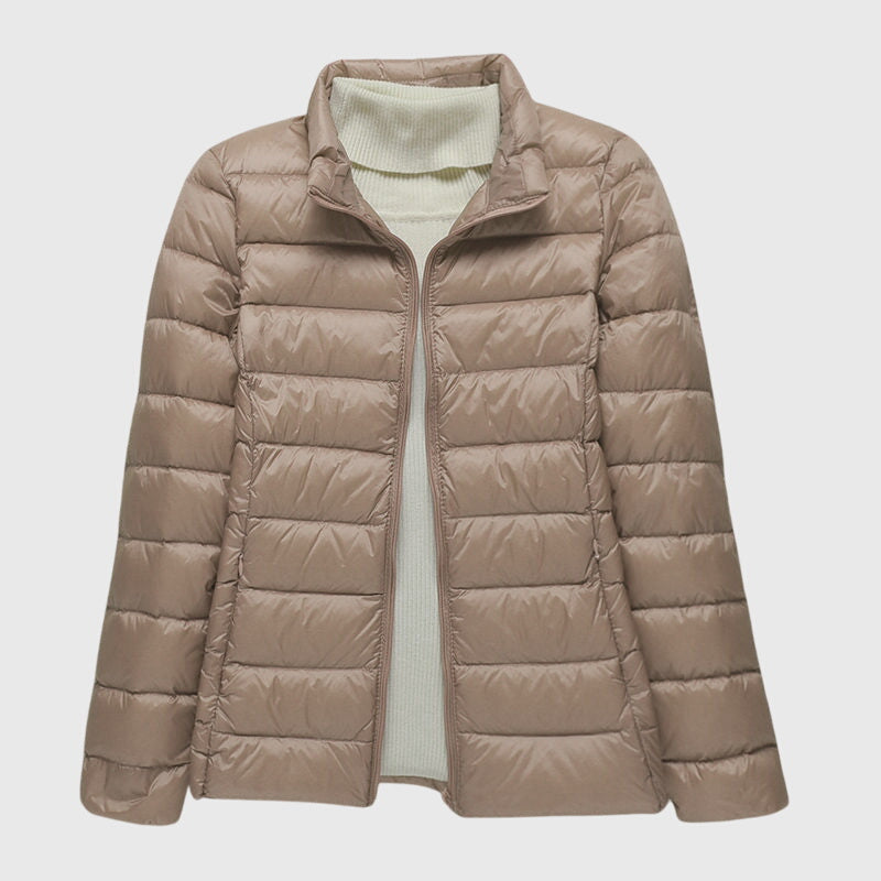 Lily Lightweight Quilted Jacket in Khaki Stand-up collar