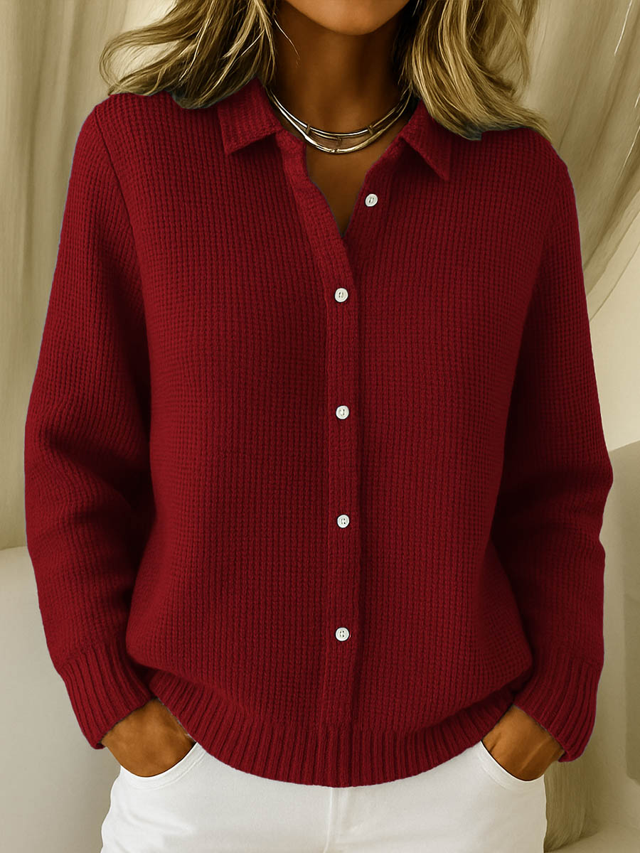 Lisa Collared Button-Front Cardigan in Red