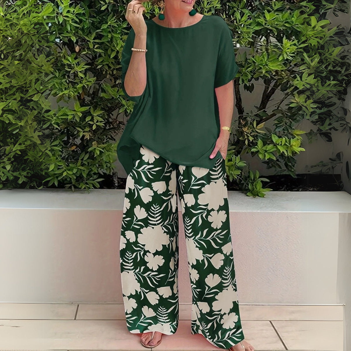 Madison Plus-Size Floral Wide-Leg Pants Set in Forest Green