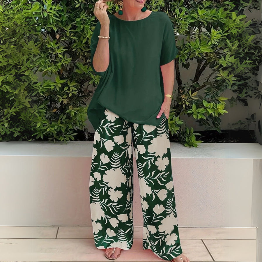 Madison Plus-Size Floral Wide-Leg Pants Set in Forest Green