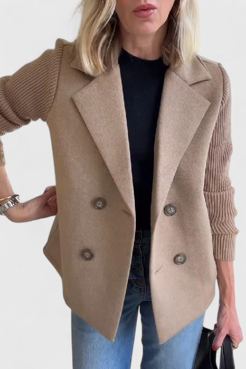 Winslet Double-Breasted Contrast-Sleeve Blazer in Brown