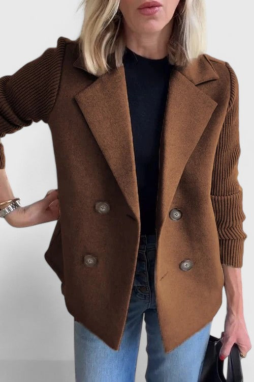 Winslet Double-Breasted Contrast-Sleeve Blazer in Dark Brown