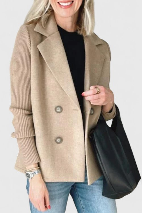 Winslet Double-Breasted Contrast-Sleeve Blazer in Khaki
